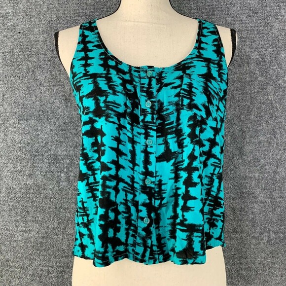 Kirra Full Crop Tank Top Women Medium Silky Button Front Hi-Low Green & Black - Picture 1 of 9